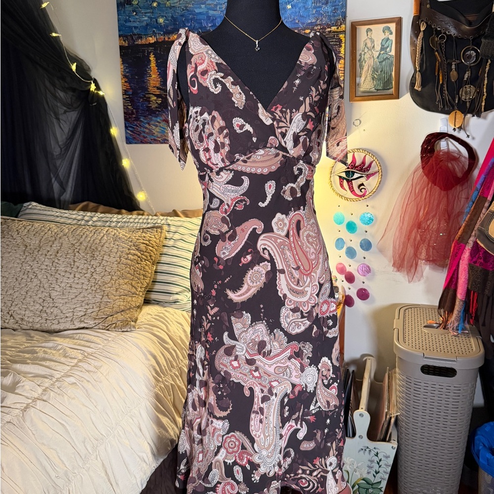 Y2K Brown Paisley Velvet Cheetah Print Ribbon Dress